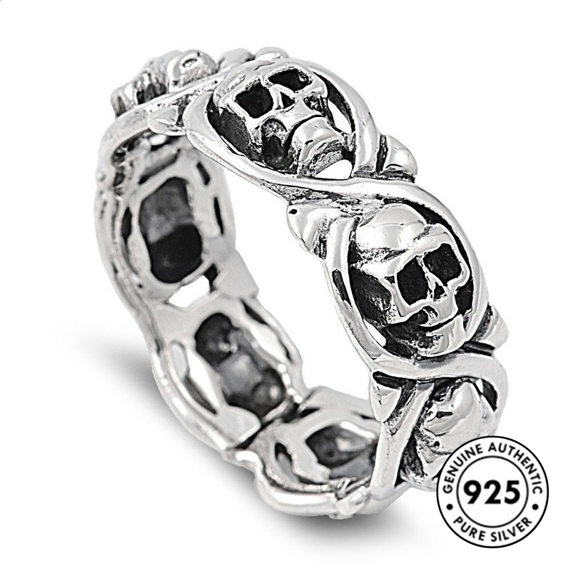 Cincin Desain Tengkorak Halloween Bahan S925 Silver Gaya Vintage