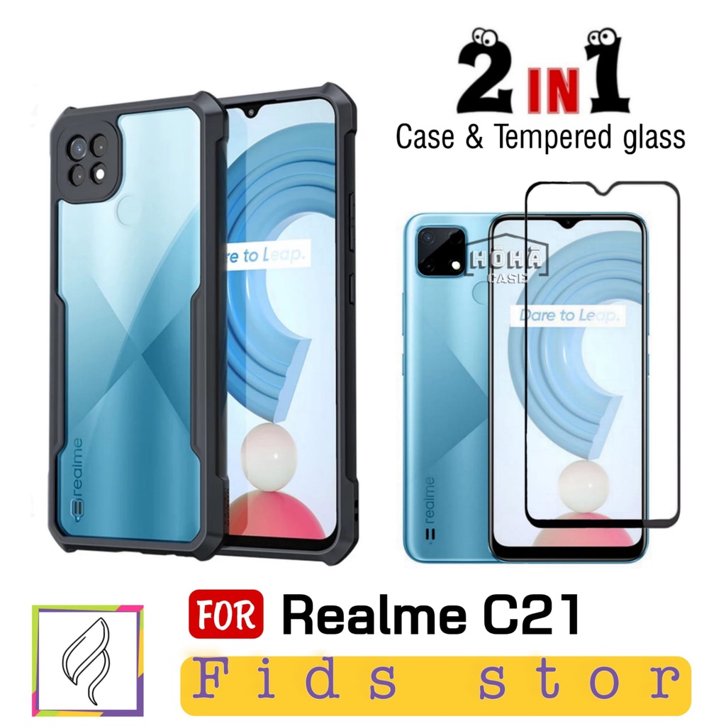 PROMO 2in1 CASE ShockProof Transparan REALME C21Y | REALME C21 Free Tempered Glass Full Cover Black