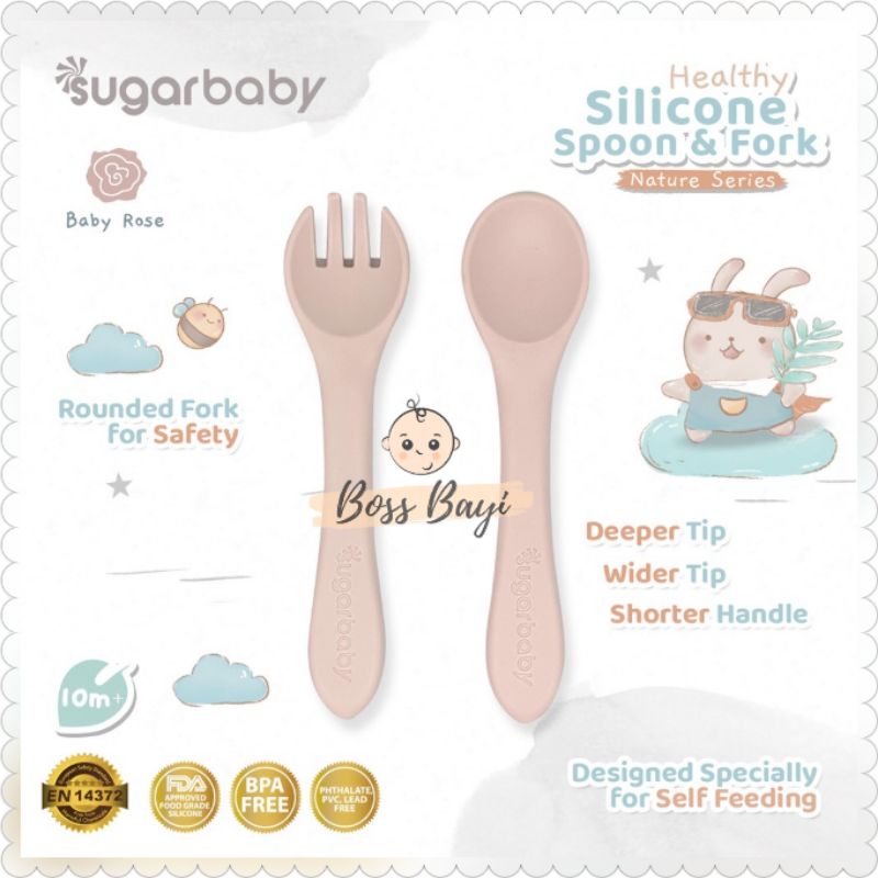 SUGARBABY Healthy Silicon Spoon &amp; Fork Nature Series /Sendok Garpu Silikon Bayi Anak Sugar Baby