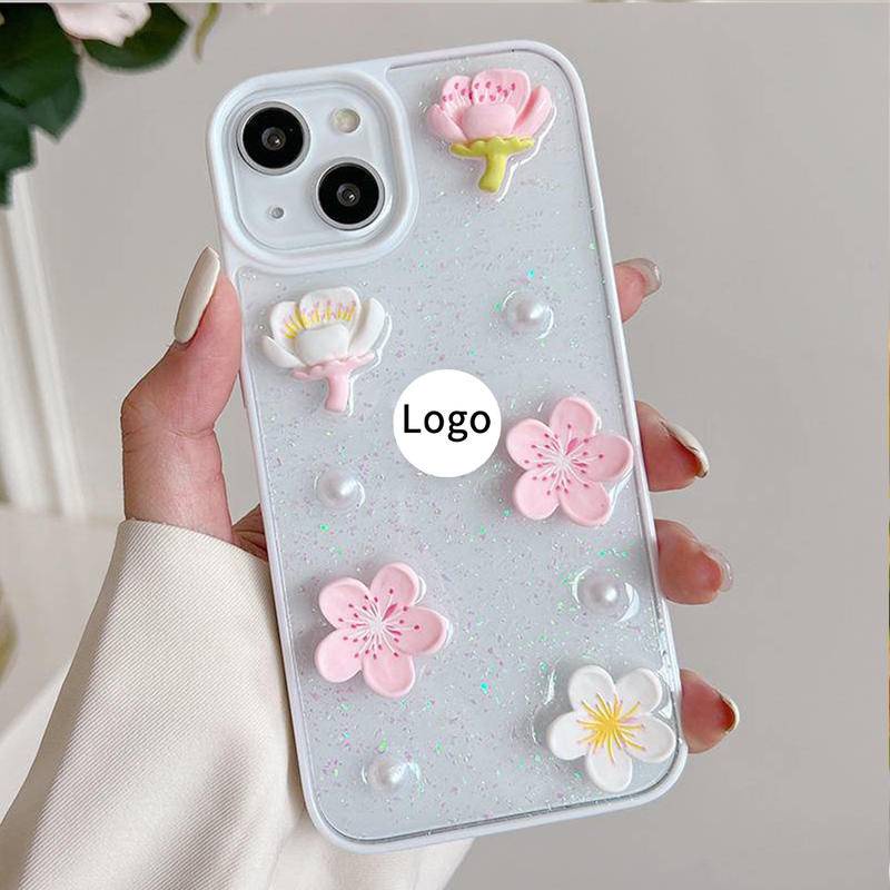 Soft Case Silikon Motif Bunga Sakura 3D Glitter Untuk iPhone 13 12 11 Pro MAX Mini X XS MAX XR SE 2022 2020 7 8 Plus