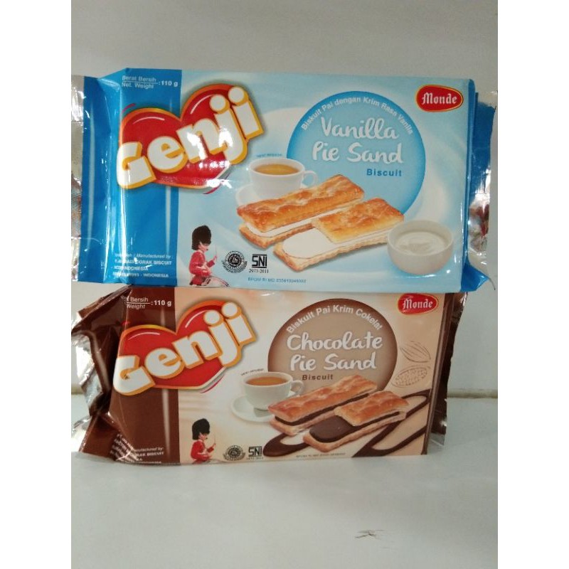 

Monde Genji Pie Sand dengan dua variasi rasa Vanila dan Coklat 110gr