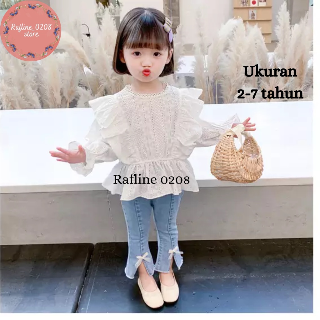 [Rafline0208] Setelan celana panjang jeans import blus putih anak perempuan ukuran 2-7 tahun