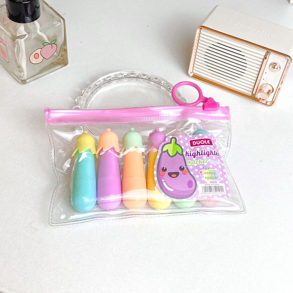 

1 SET ISI 6 HIGHLIGHTER MARKER SETABILO BENTUK TERONG WARNA WARNI PASTEL TERMURAH READY GROSIR BISA COD