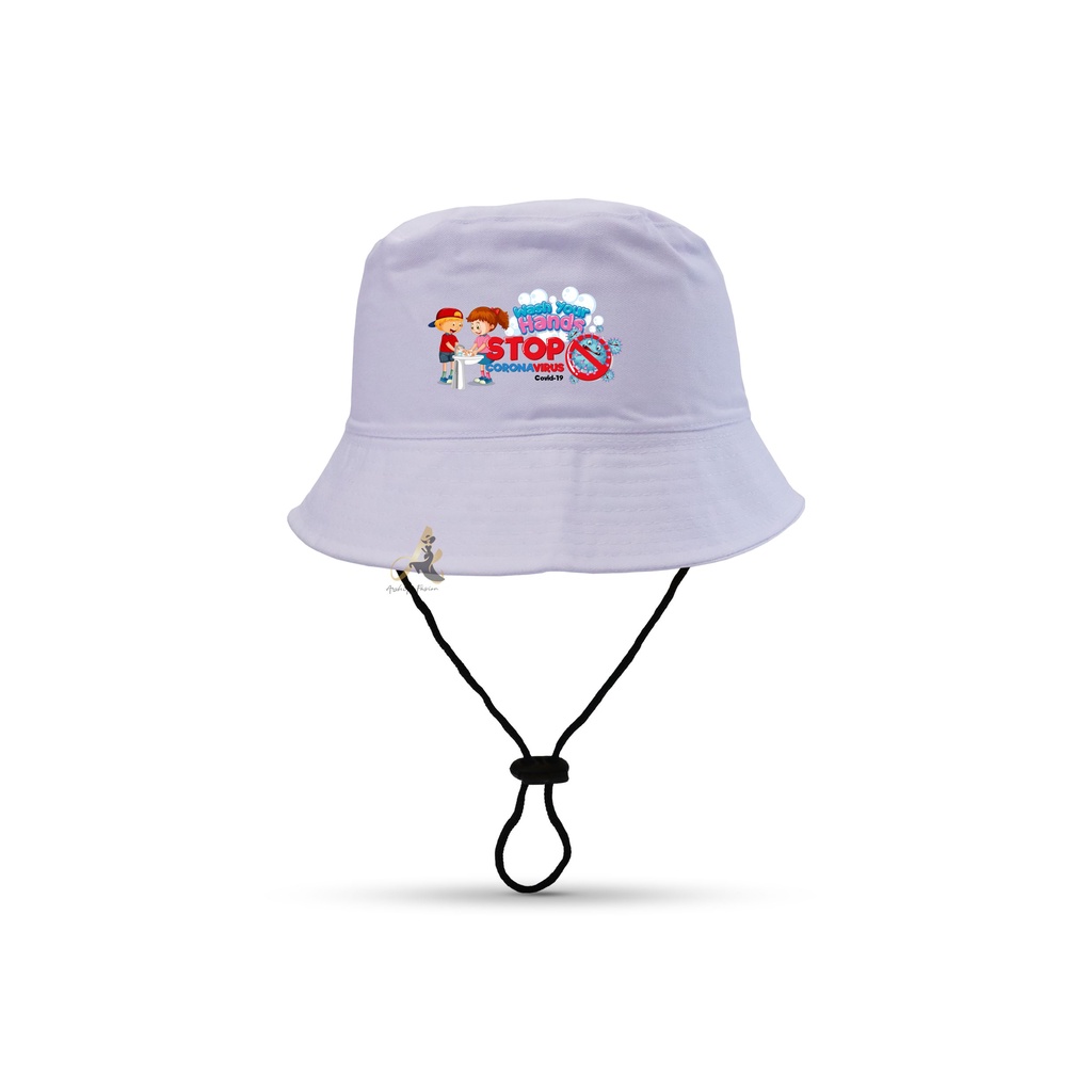 Topi bucket sablon Stop CORONAanak/Bucket anak 2-8 tahun CORONA