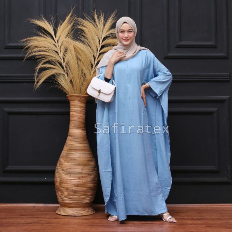 Kaftan jumbo busui polos casual  gamis kaftan rayon modern high quality - Biru Wardah