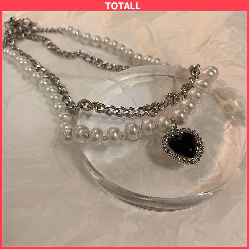 COD Cinta Hitam Kalung Berlapis Ganda Hip Hop Wanita Keren Angin Retro Mutiara Rantai Klavikula-Totall