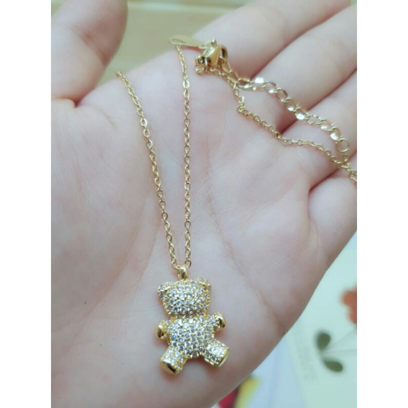 kalung titanium liontin microdimond bear / kalung liontin bear microdiamond / kalung asli titanium