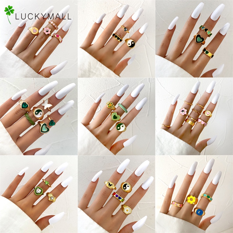 Fashion Metal Ring Set Colorful Flower Resin Butterfly Ring for Women Gift Love Heart Jewelry Accessories