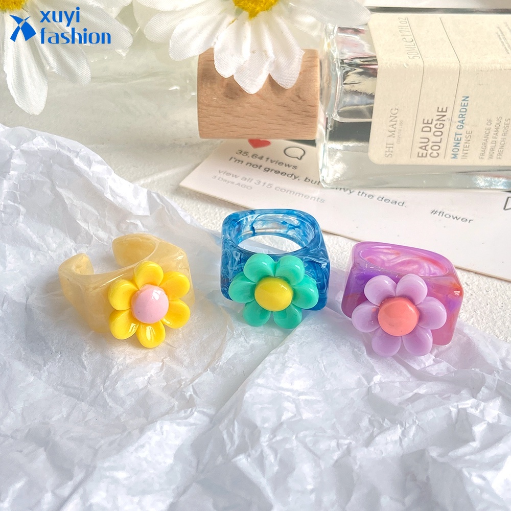 2021 New Korean Summer Resin Flower Rings Cream Color Opening Ring for Women Party Aesthetic Jewelry Gifts