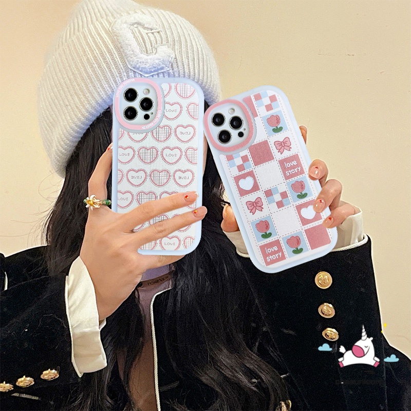 Soft Flower Case Realme C55 C15 C30 C53 8i 5 10 Pro Plus C25S C12 C21 C20A C20 C35 C31 C17 C1 C25 GT C3 5i 6i 8 7i 5S 8Pro C21Y Tahan Guncangan Cinta Hati Kotak-Kotak Lensa Oval Telepon She