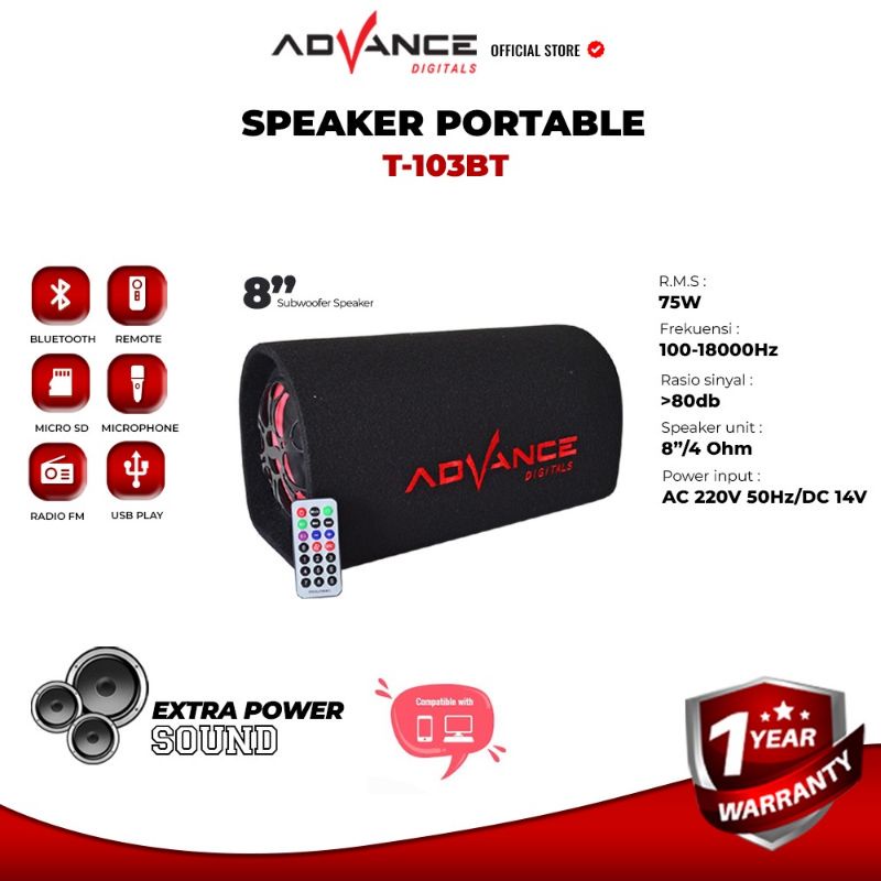 Advance Subwoofer Bass Speaker Bluetooth  T103BT Remote 8&quot;