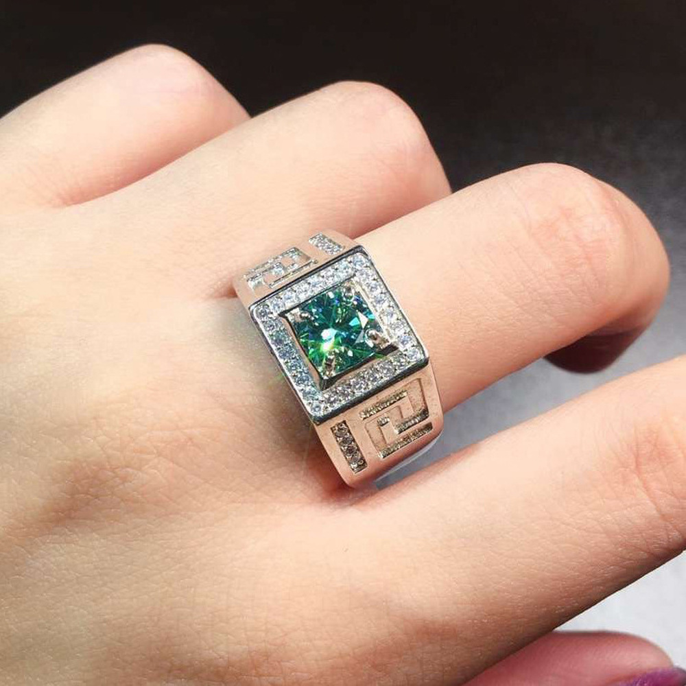 Cincin Pasangan Perak Baja Titanium Aksesoris Perhiasan Fashion Pria Berlian Kristal Hijau Couple Rings