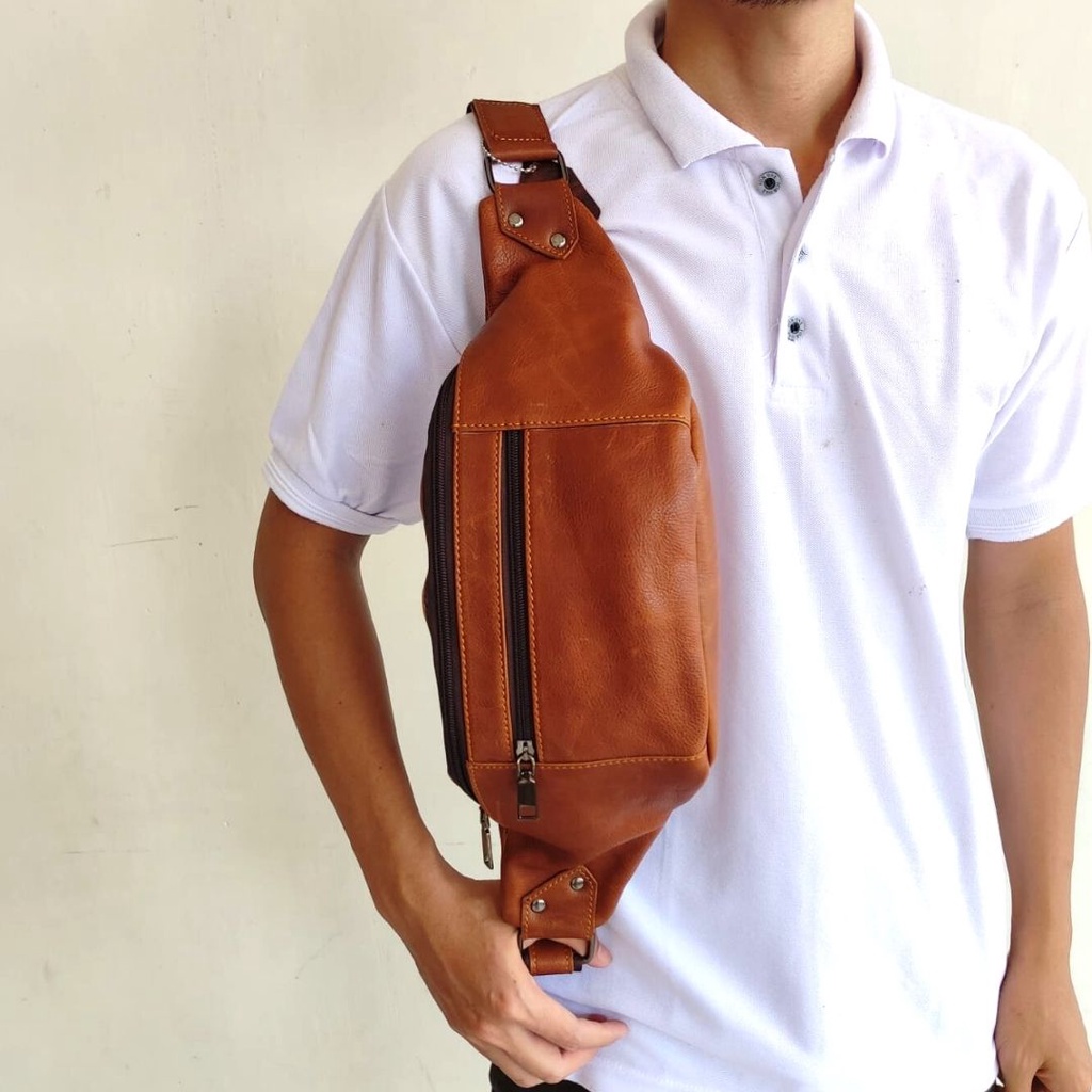 Waistbag ZENA Tas Selempang Pria Bahan Kulit Slingbag Cowok - Original Leather Bag