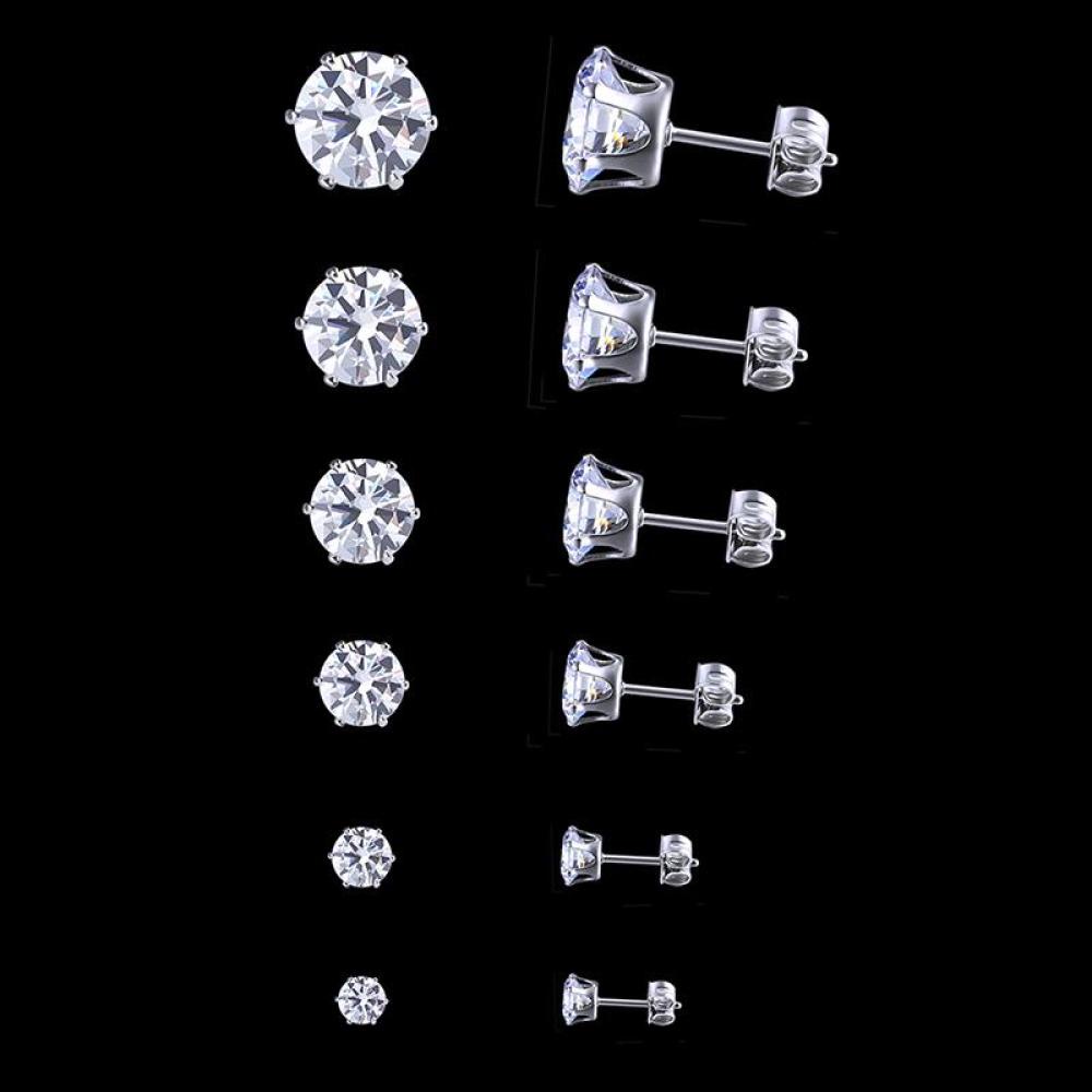 Timekey 6 Pasang / Set Anting Tusuk Stainless Steel Hias Kristal Zircon Bulat Untuk Pria / Wanita A4K5