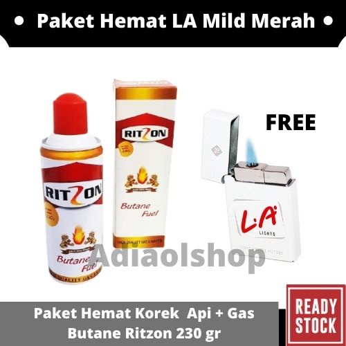 Paket Hemat Korek Api Bara LA Mild Merah + Gas Butane Ritzon 230gr