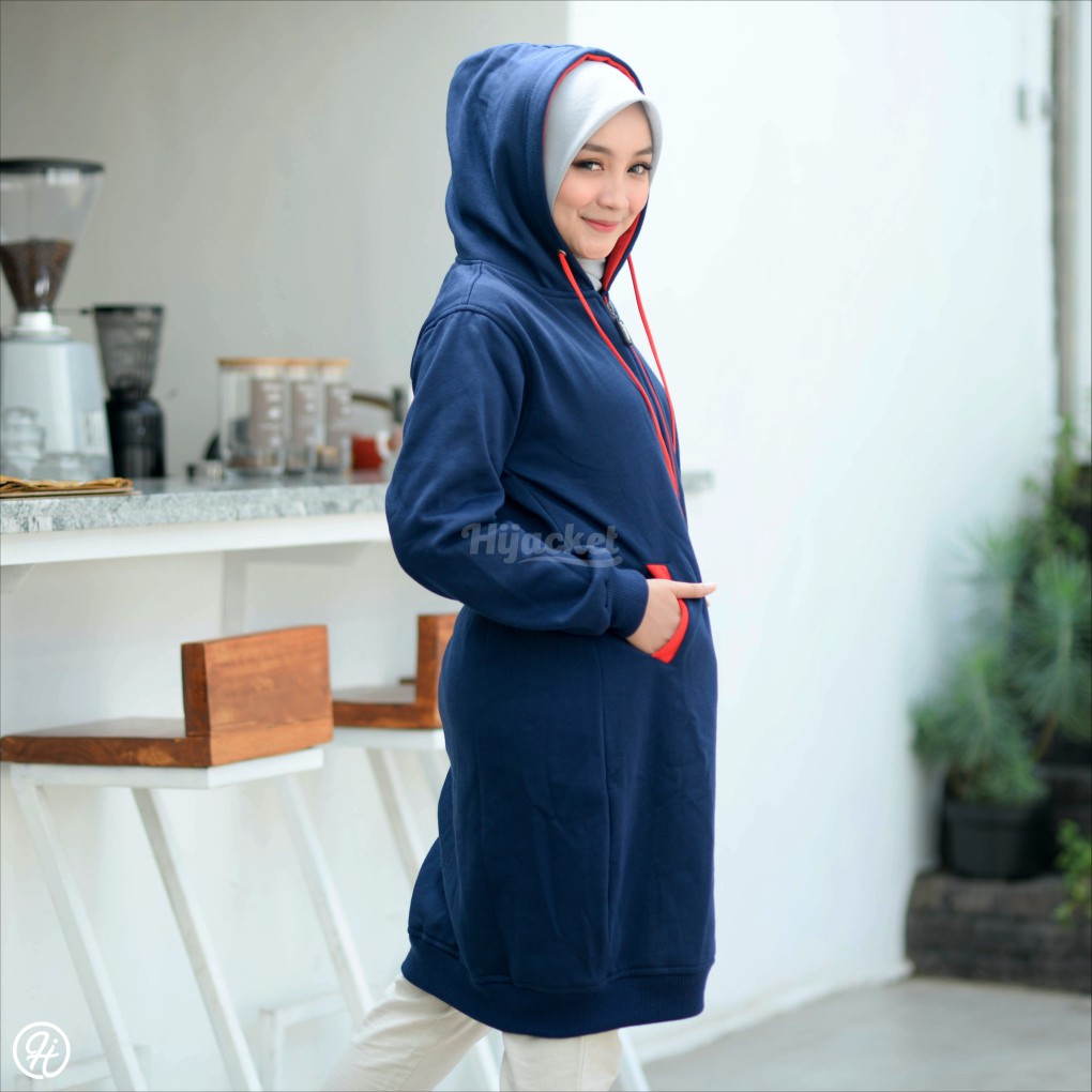 Jaket Polos Wanita Hijacket Basic Navy x Red Hoodie Panjang Bahan Premium Fleece Tebal-3