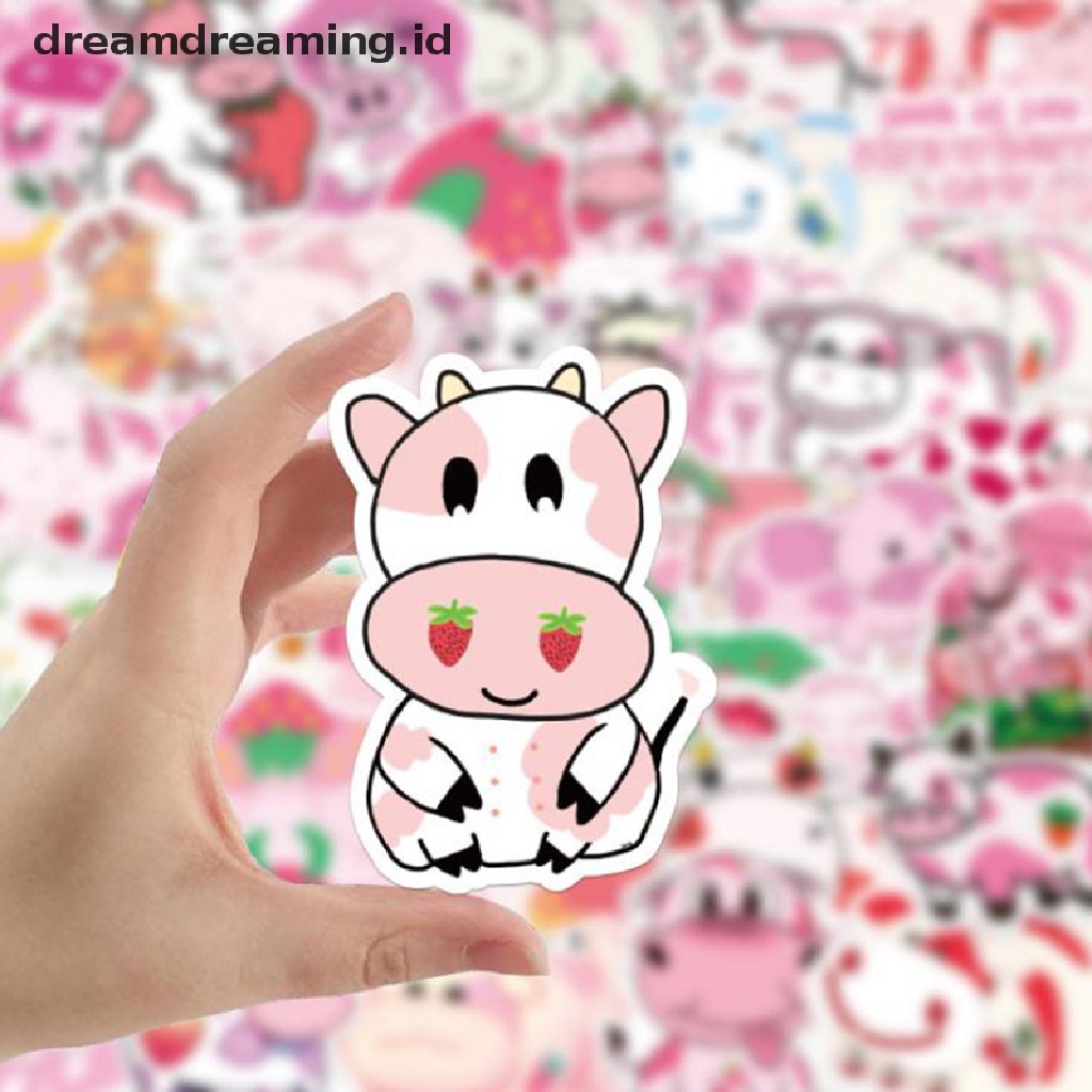 (dreamdreaming.id) 50pcs / Set Stiker Motif Kartun Strawberry / Sapi Untuk Dekorasi Laptop / Skateboard / Koper