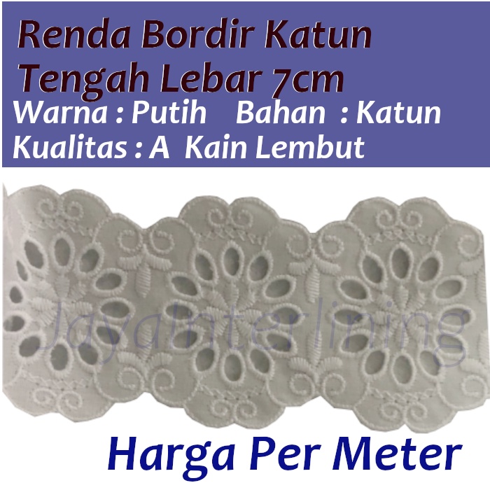 Renda Bordir KATUN Lace Tengah Putih PREMIUM  Lebar 7 CM