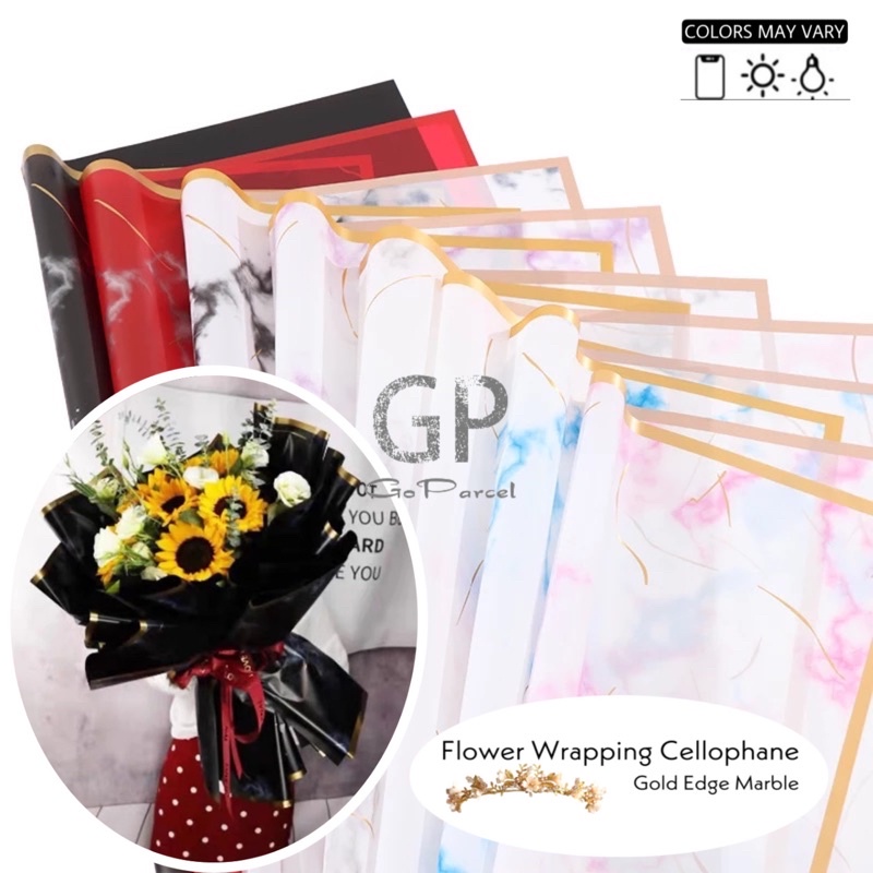 ( 5 Lembar ) GOLD EDGE MARBLE - FLOWER WRAPPING PAPER PLASTIC CELLOPHANE KERTAS BUNGA BUKET FLORIST