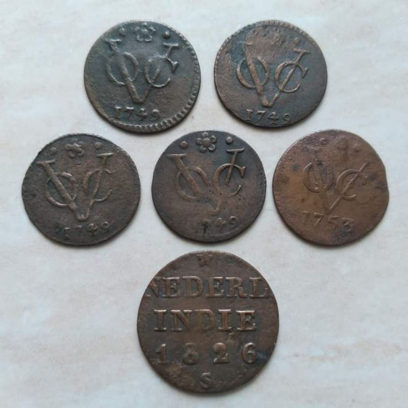 Koin Kuno 6 Pcs 1/2 Doit VOC 1749 1753 Nederl Indie 1/4 Stuiver 1826