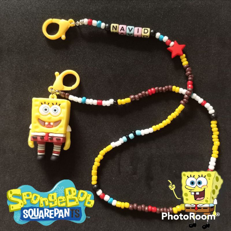 Kalung masker anak tema spongebob (ada bandul/boneka) /strap masker anak bisa request nama/tema/warna