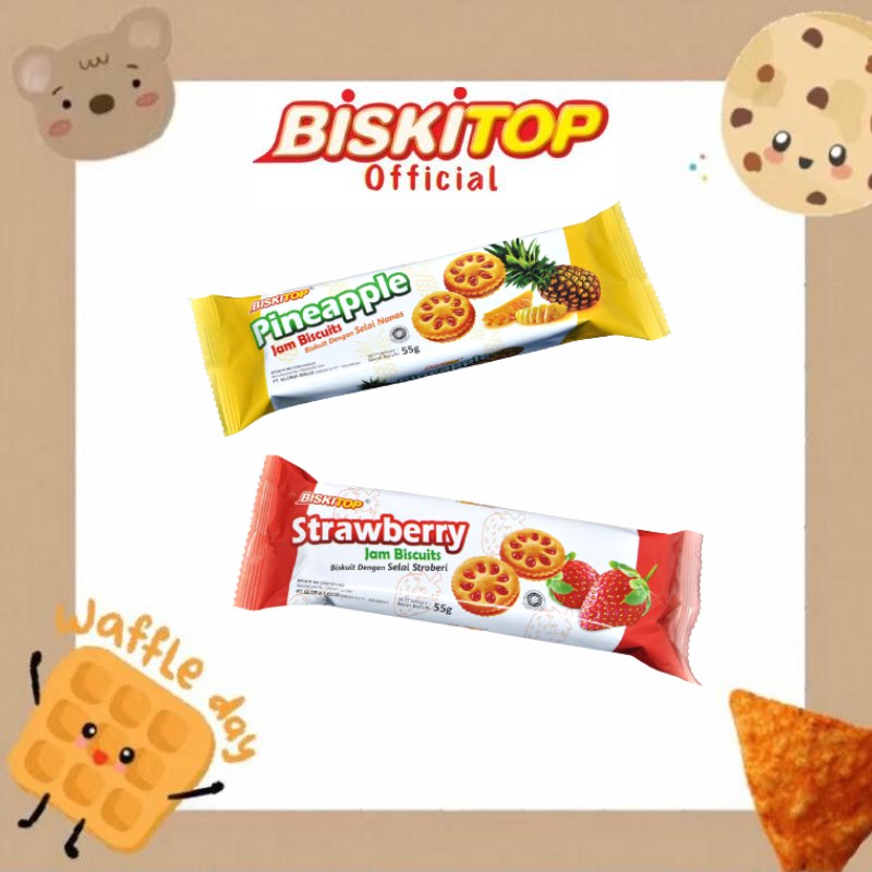 

BISKITOP OFFICIAL - JAM BISCUIT (55 Gram) Biskuit Anak Renyah Rasa Nanas & Strawberry Murah