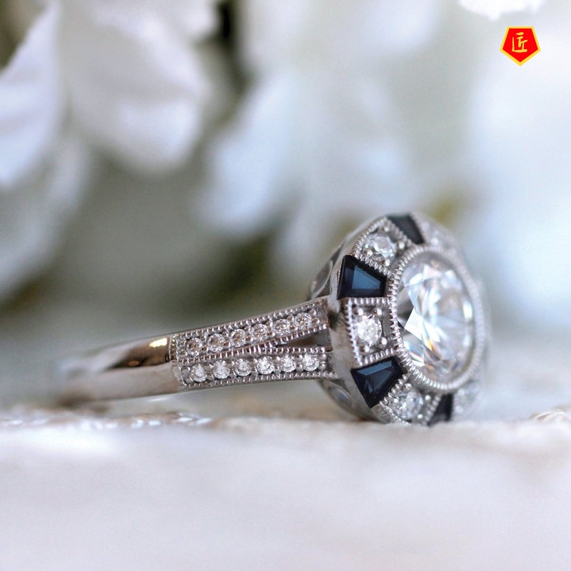 [Ready Stock]Inlaid Blue Topaz Ladder Diamond Ring Fashionable and Elegant