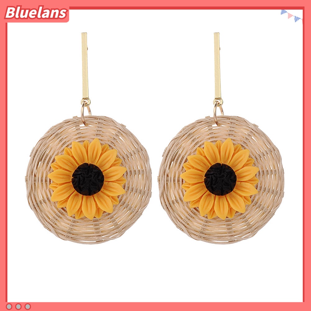 Bluelans Boho Sunflower Rattan Woven Round Pendant Statement Women Stud Earrings Jewelry