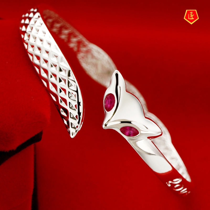 [Ready Stock]Women's Fashion Retro Red Corundum Eyes Fox Silver Bracelet