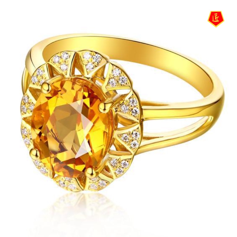 [Ready Stock]Simple Personality Full Diamond Inlaid Citrine Ring