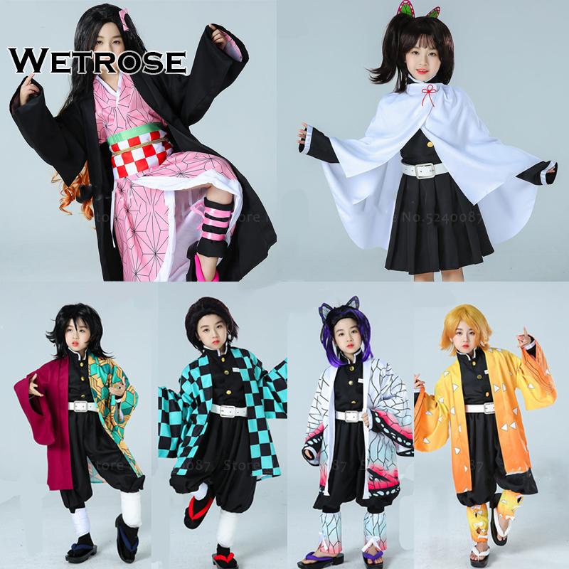 【Wetrose】 Anime Demon Slayer Kids Anak Anak Kamado Nezuko Kocho Shinobu Tanjiro Muichiro Cosplay Costumes Kimetsu no Yaiba Pink Kimono Costume Kostum