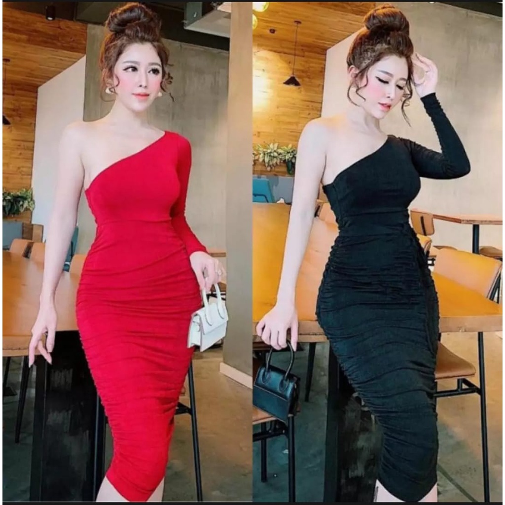 dres slempang lengan sebelah panjang | dres ketat kekinian | dres murah | dres sexy DRESS KETAT SEXY