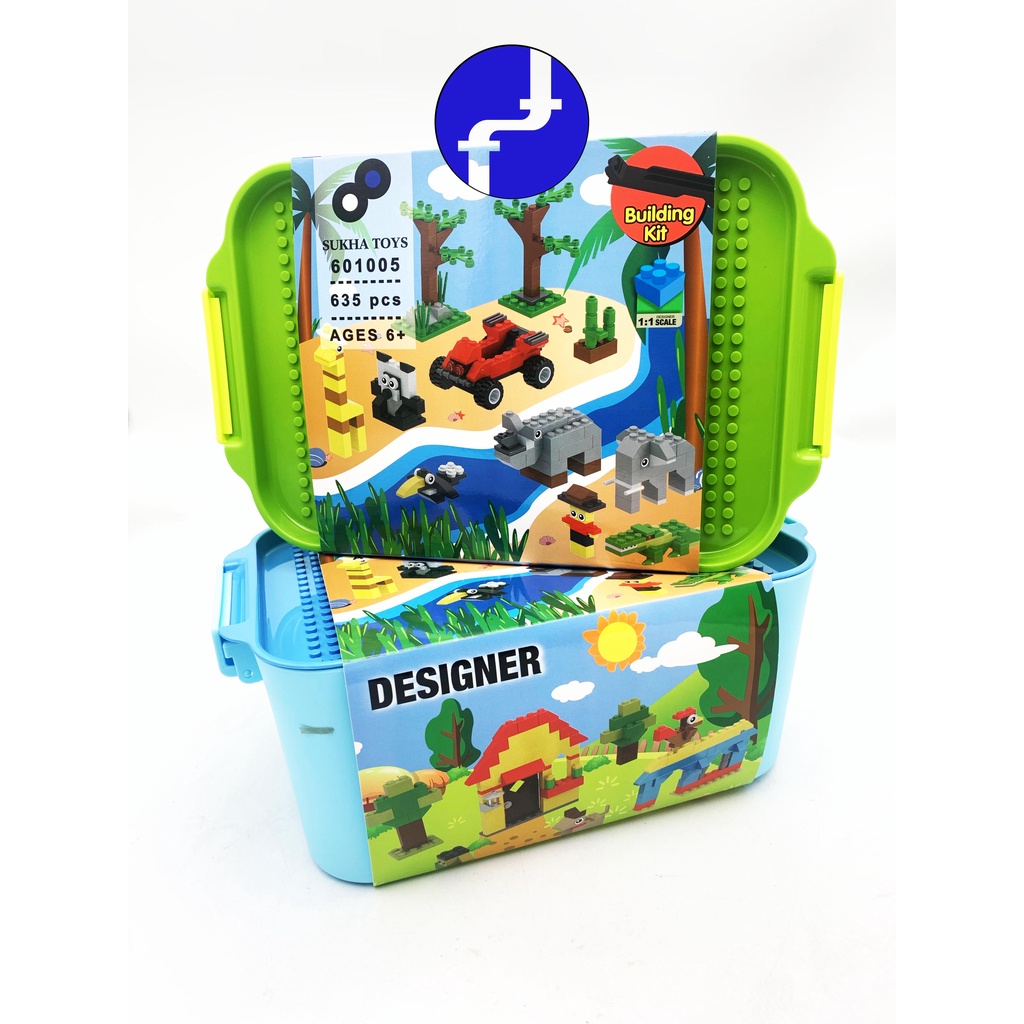 Mainan Anak Building Kit Panlos Brick Wange Designer 625 Blocks BOX Hijau dan Biru 601005