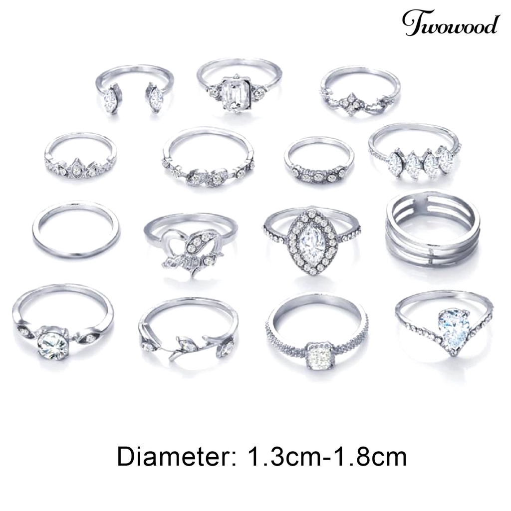 15pcs / Set Cincin Jari Stackable Aksen Berlian Imitasi Gaya Bohemian Untuk Wanita