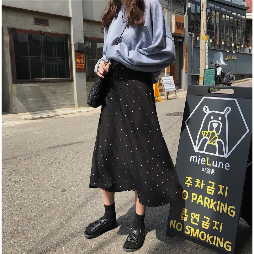 Hitam midi Pinggang Tinggi skirt Rok Putri Duyung Wanita Pola Polka Dot