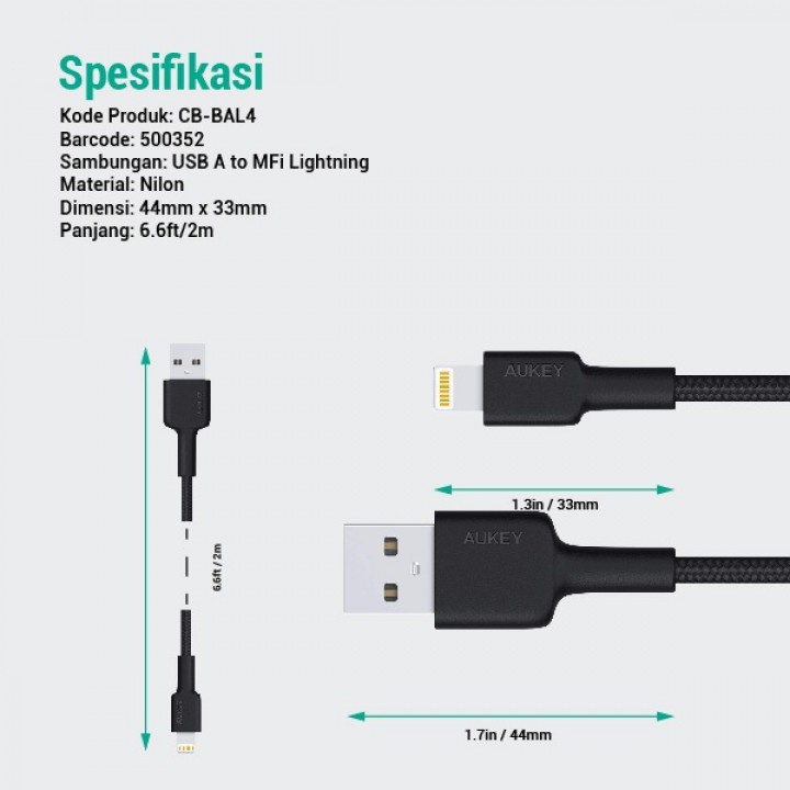 AUKEY CB-BAL4 - USB-A to Lightning Cable - Braided Nylon 2M