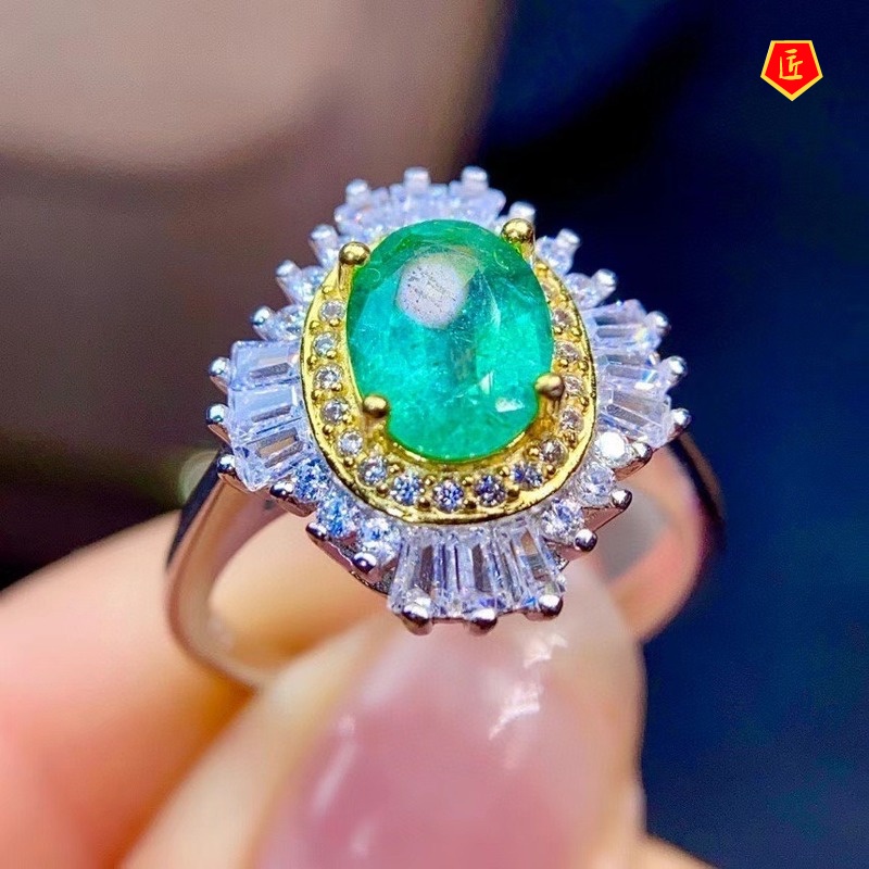 [Ready Stock]Luxury Full Diamond Natural Emerald Ring