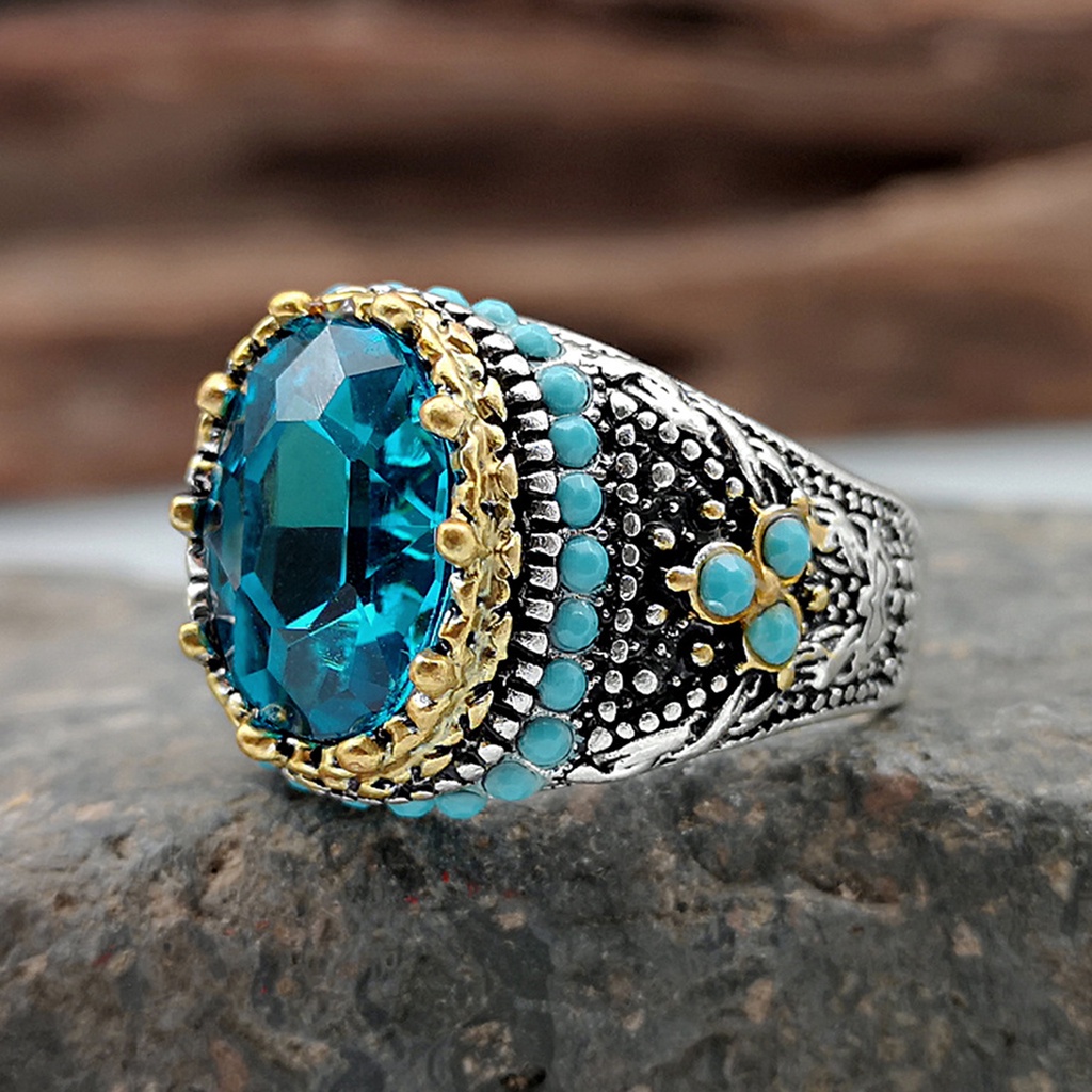 Hu Hu Hu Hu Hu Alat Bantu Pasang Kacamata♡ Cincin Pria Hias Turquoise Biru Berlian Imitasi Gaya Vintage Untuk Pernikahan