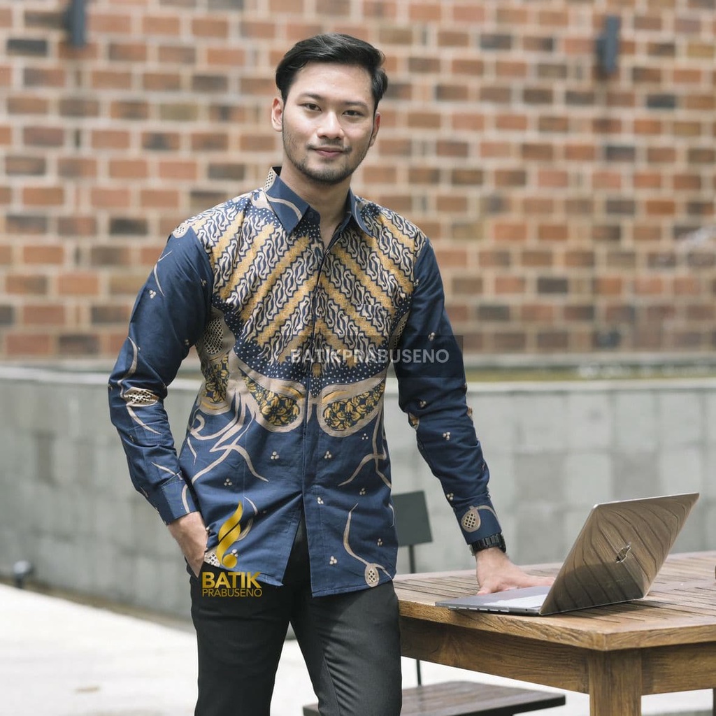Lutfi Navy Batik Pria Katun Printing Size Slimfit Lengan Panjang Asli Prabuseno Halus Adem Elegan He