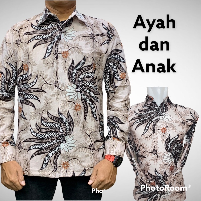 Baju Batik Couple ayah dan anak Lengan Panjang lapisan furing warna crem atau coksu,Batik Pasangan Ayah danAnak Wrana Crem,Batik Premium,Batik Modern,Batik Jumbo,Batik Solo,Batik Kantoran