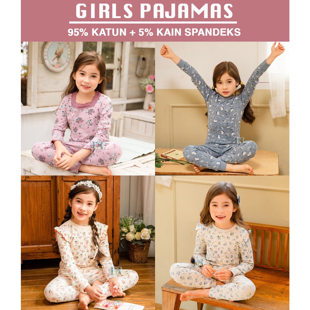 LNR Shop PA-002 - PA-006 Girls Pajamas 95% Katun Halus Lembut Tebal Baju Tidur Anak Perempuan 1 Set Lengan dan Celana Panjang Motif Bunga Bunga Aksen Ruffle Pakaian Tidur Cewek Piyama Girls HYTS