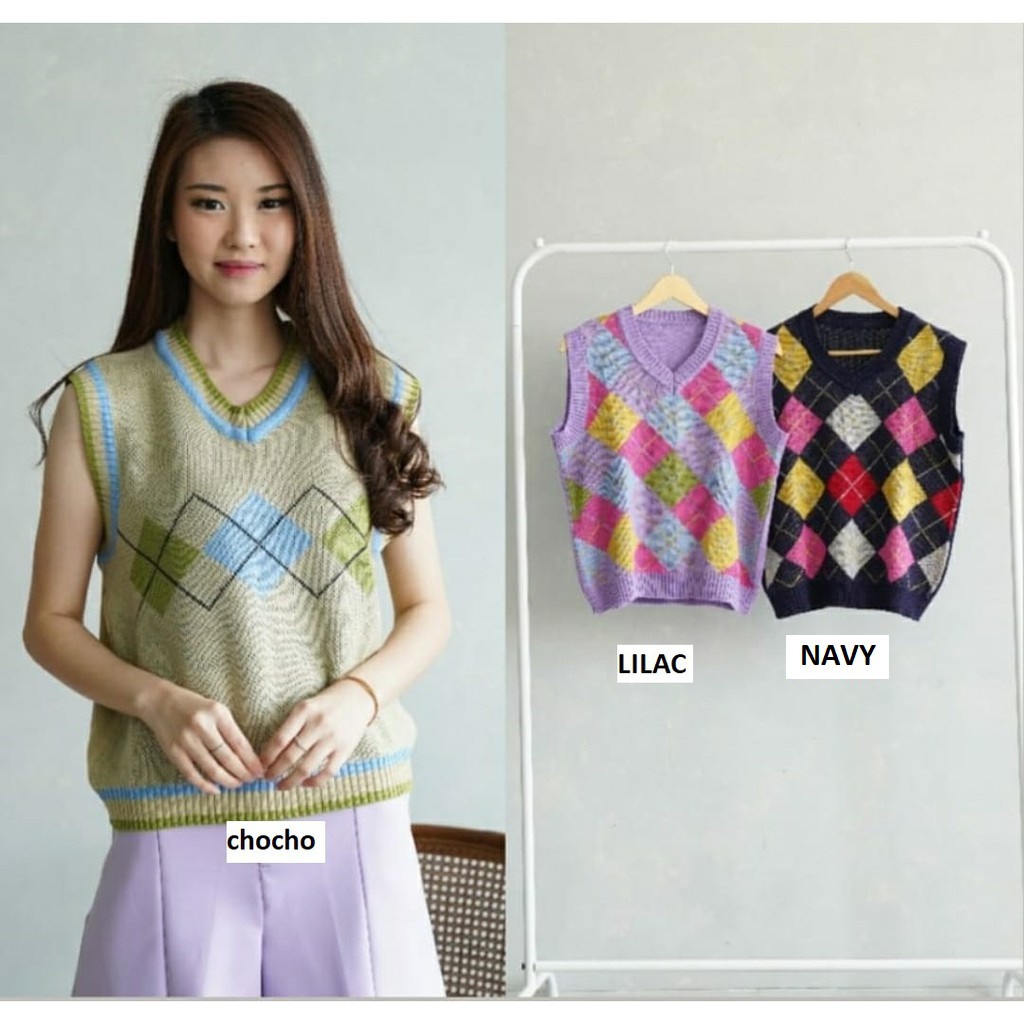 Diamond Knit Vest Rompi Rajut Wanita