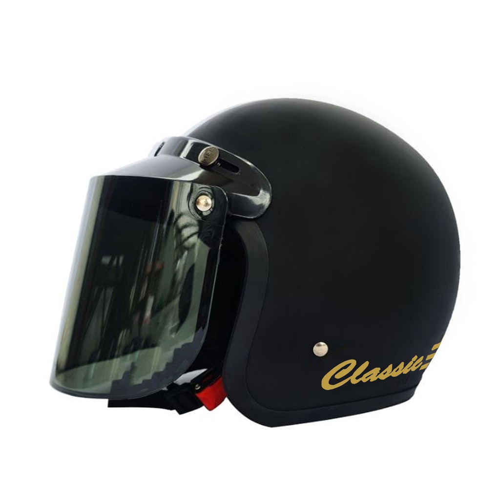 HELM BOGO DEWASA CLASIC GARIS DEWASA POLOS GARIS KACA FLAT DATAR DAN KACA CEMBUNG-hitam doff