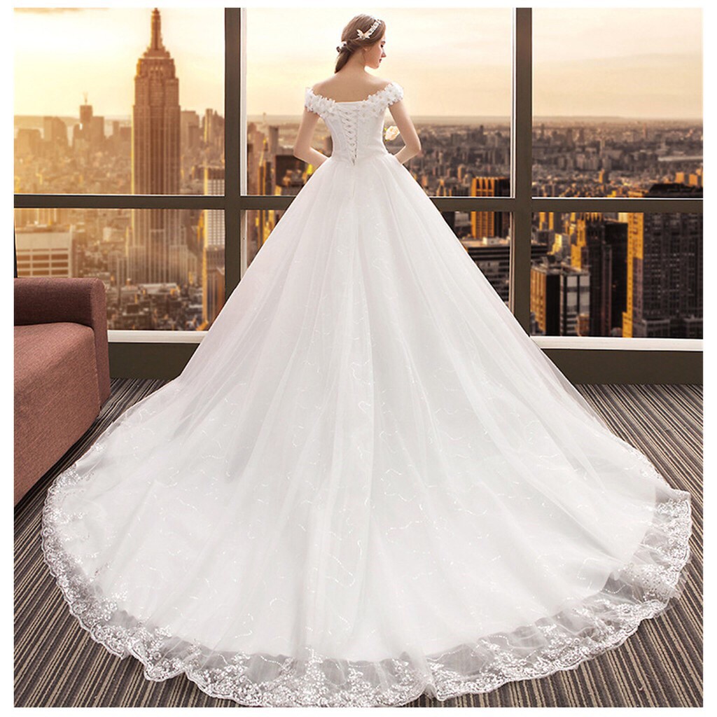 Putih Gaun pengantin lace Korean wedding dress Long tail Gaun pesta S-3XL