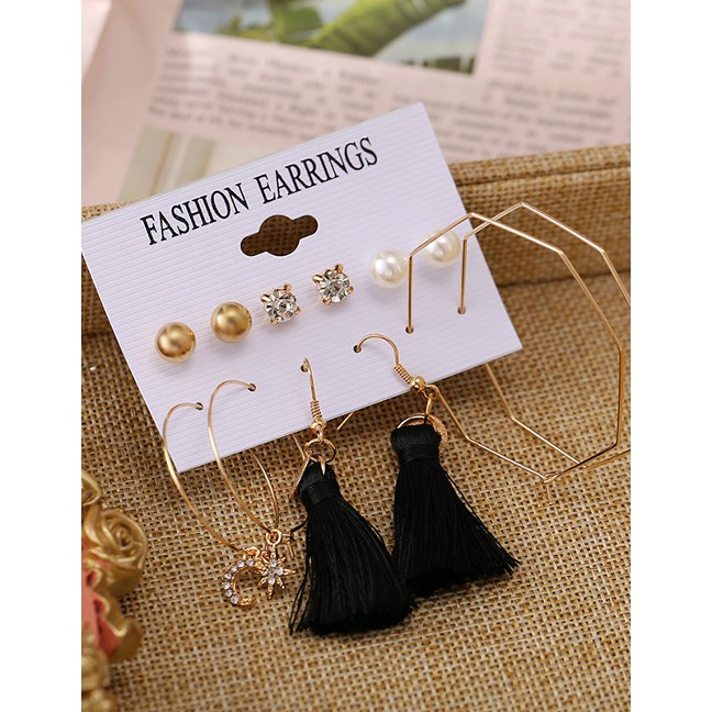 LRC Anting Set Fashion Color Mixing Geometric Star And Moon Tassel Set With Diamond Pearl Earrings