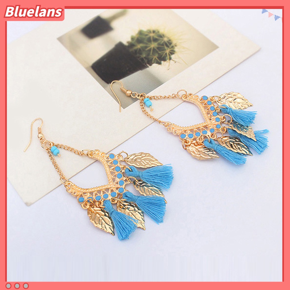 Anting Kait Gantung Panjang Desain Daun Rumbai Bahan Metal Gaya Etnik Bohemian Untuk Wanita