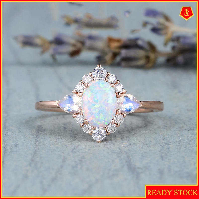 [Ready Stock]New Inlaid Moonstone Opal Ring Classic Elegant