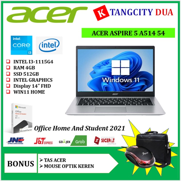 Promo Laptop ACER ASPIRE 5 Slim A514 Core i3 1115G4 12GB 512GB SSD WIN11 OHS 2021 BLACK