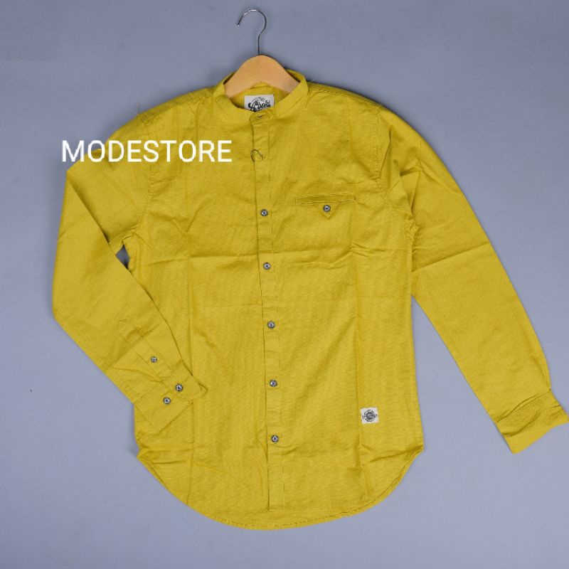 KEMKO, Kemeja Pria Lengan Panjang Polos Kuning Lemon Kerah Sanghai, Kemeja Koko Panjang Polos Premiu