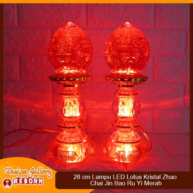 Lampu Sembahyang Altar Merah LED Lotus Kristal Zhao Chai 28cm